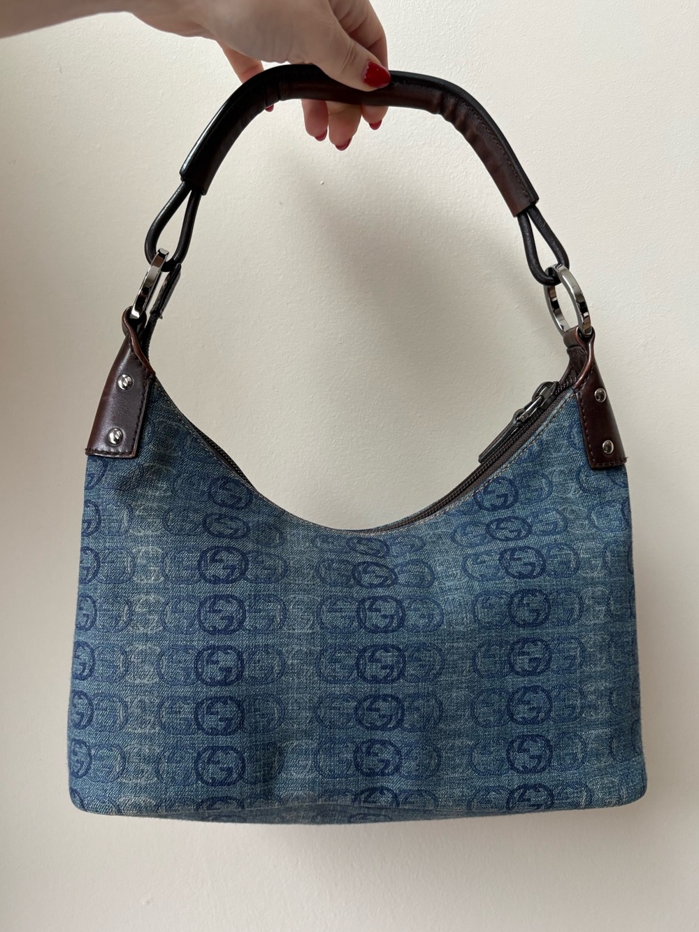 Gucci Blue Denim Monogram Shoulder Bag with Brown Leather Trim - Picture 1 of 12
